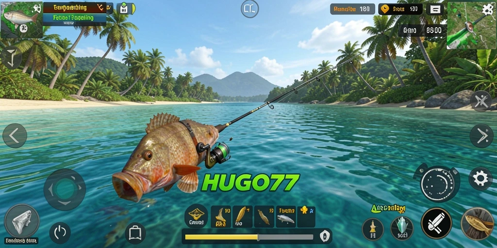 Gameplay HUGO77 menampilkan momen mendebarkan saat memancing ikan besar.