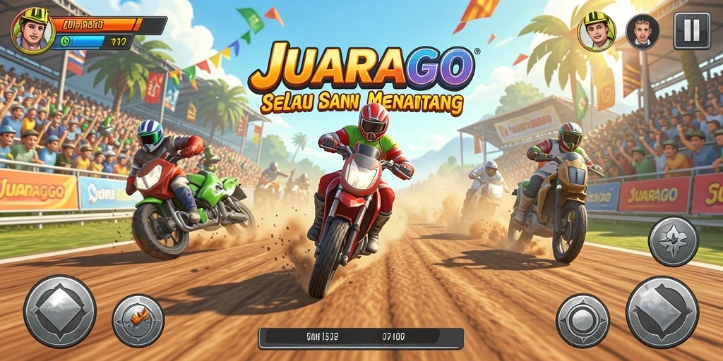 Tangkapan layar JUARAGO menampilkan aksi balapan yang mendebarkan.