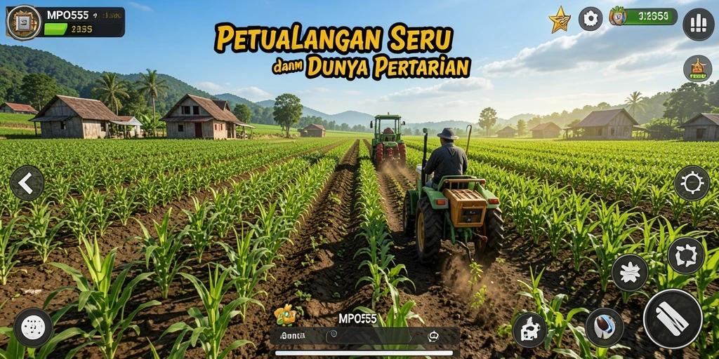 Tangkapan layar gameplay MPO555 yang menunjukkan aktivitas bertani yang seru.