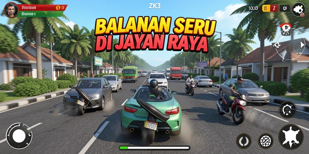 Gameplay ZK3 menampilkan balapan mendebarkan dan kendaraan yang beragam.